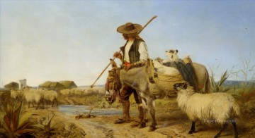 eine kuh schaf esel Ölbilder verkaufen - Schäfer mit Esel auf dem Weg nach Hause